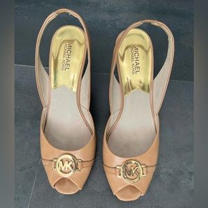 Michael Kors Sling Back Leather Wedges, Tan, Size 9.5